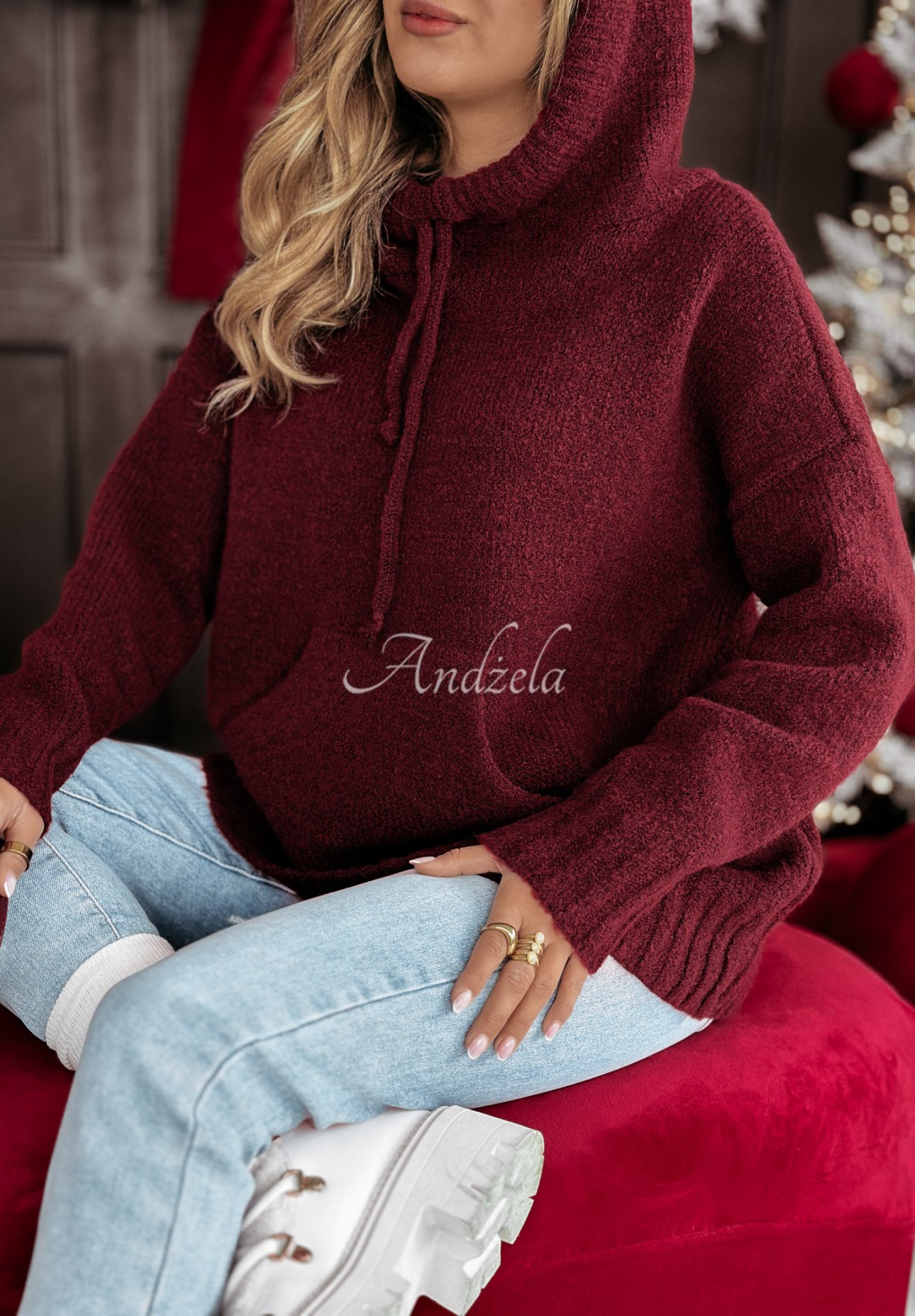 Sweter oversize z kapturem Carra burgundowy